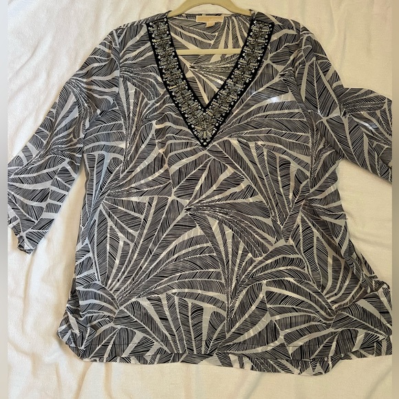 MICHAEL KORS Palm Print Sheer Embellished V Neck Top Size XL - Picture 8 of 10